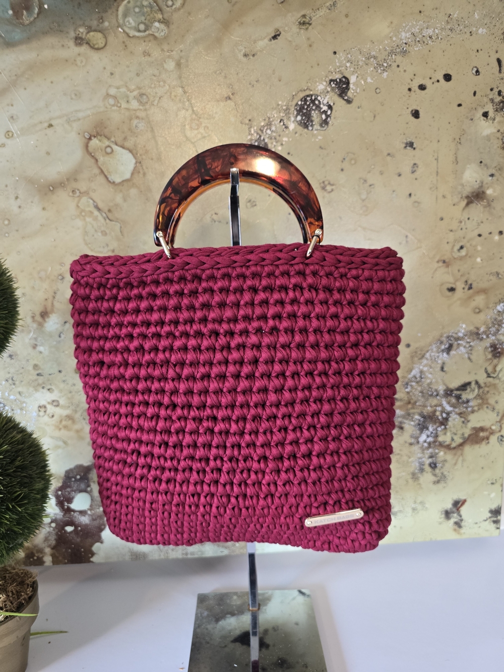 Handwoven Burgandy Tote with Tortoise-Style Handle